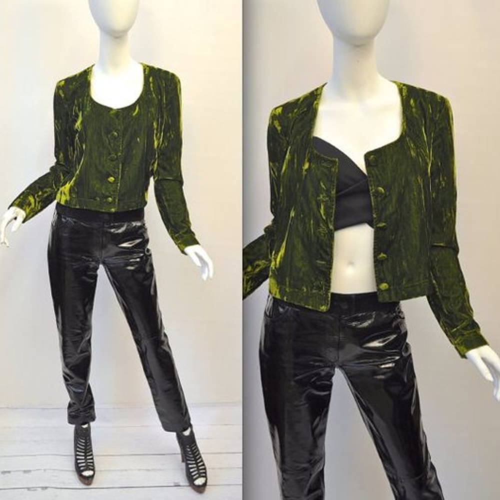 VINTAGE BETSEY JOHNSON Punk green VELVET JACKET SHORT Set ensemble 80s 2 4 - Picture 2 of 11